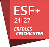 Grafik zeigt das ESF+-Erfolgsgeschichten-Logo, bestehend aus einem in mehreren Graustufen gehaltenen Quadrat, in dem in weiß oben ’ESF+’ sowie ‘21 | 27’ zu lesen ist, darunter in zwei Zeilen die Wortmarke ‘Erfolgsgeschichten’ (Quelle: BRANDaktuell)