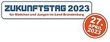 Logo bestehend aus dem umrahmten Schriftzug ‘Zukunftstag für Mädchen und Jungen im Land Brandenburg 2023’ rechts seitlich angehängten Kreis, in dem das Datum ‘27. April 2023’ steht (Quelle: f-bb)