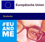 Ausschnitt aus der Home-Website. Zeigt das Logo mit weißer Schrift auf hellblauem Grund. © Grafik: EU